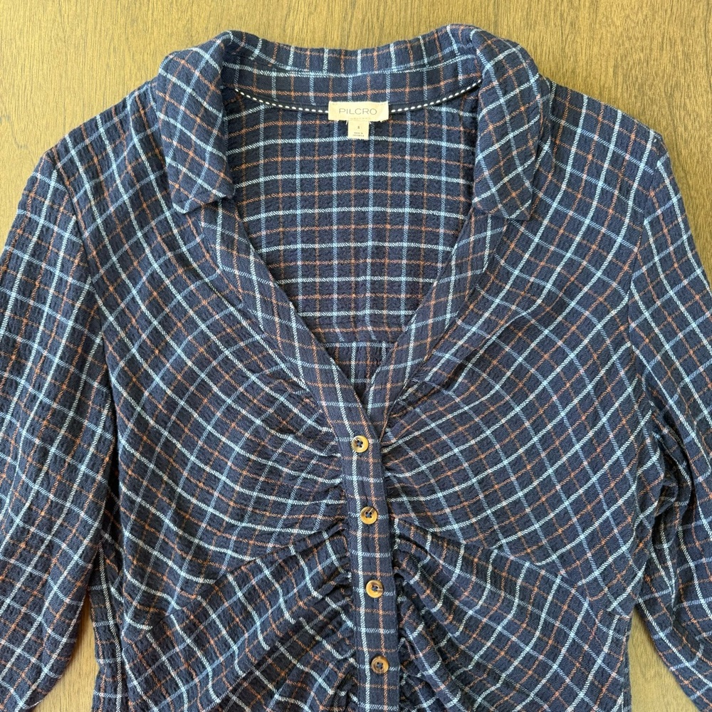 Anthropologie Pilcro Keaton Plaid Ruched Long Sleeve Collared Blouse Blue Sz S - Picture 7 of 15